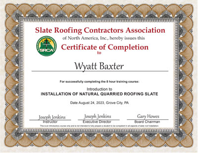 Slate Roof Installation Introductory Course for Wiss Janey employee Wyatt Baxter, August 24, 2023 Slate Roof Installation Introductory Course for Wiss Janey employee Wyatt Baxter, August 24, 2023