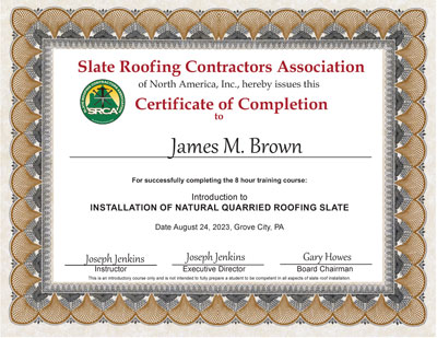Slate Roof Installation Introductory Course for Wiss Janey employee James Brown, August 24, 2023 Slate Roof Installation Introductory Course for Wiss Janey employee James Brown, August 24, 2023