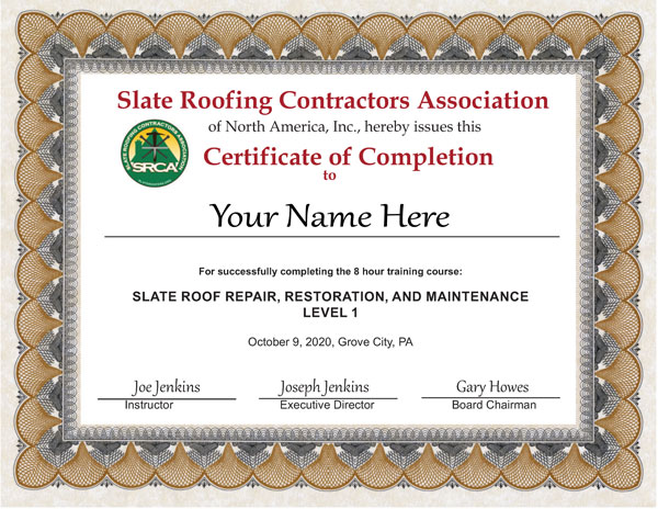 Slate Roof Repair Course: Certificate of Completion