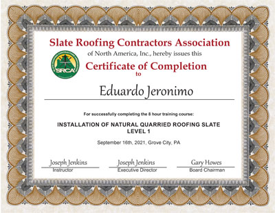 Slate Roof Installation Course at Joseph Jenkins Inc., September 16, 2021: Eduardo Jeronimo, Graduate Slate Roof Installation Course at Joseph Jenkins Inc., September 16, 2021: Eduardo Jeronimo, Graduate