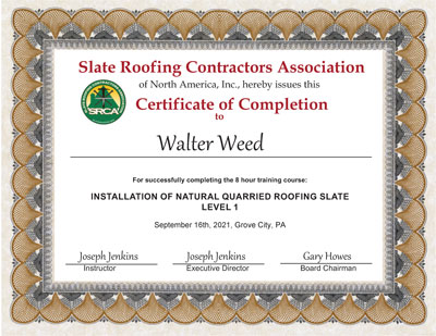 Slate Roof Installation Course at Joseph Jenkins Inc., September 16, 2021: Walter Weed, Graduate Slate Roof Installation Course at Joseph Jenkins Inc., September 16, 2021: Walter Weed, Graduate