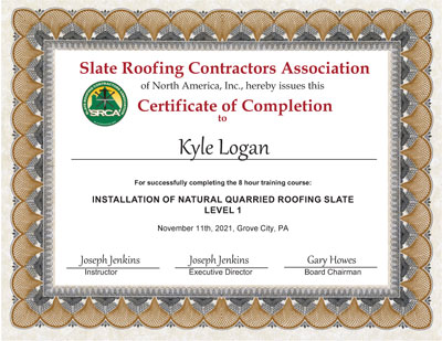 Slate roof installation Certificate of Completion for Kyle Logan Slate roof installation Certificate of Completion for Kyle Logan