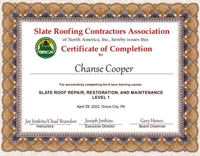 Chanse Cooper Slate Roof Repair Certificate Chanse Cooper Slate Roof Repair Certificate