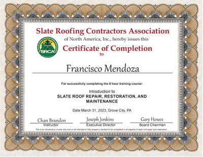 Francisco Mendoza, Heins Construction, Slate Roof Repair Course, March 31, 2023 Francisco Mendoza, Heins Construction, Slate Roof Repair Course, March 31, 2023