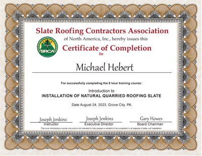 Slate Roof Installation Introductory Course for Wiss Janey employee Michael Hebert, August 24, 2023 Slate Roof Installation Introductory Course for Wiss Janey employee Michael Hebert, August 24, 2023