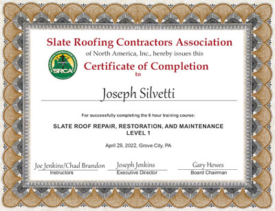 Joseph Sylvetti Slate Roof Repair Certificate Joseph Sylvetti Slate Roof Repair Certificate
