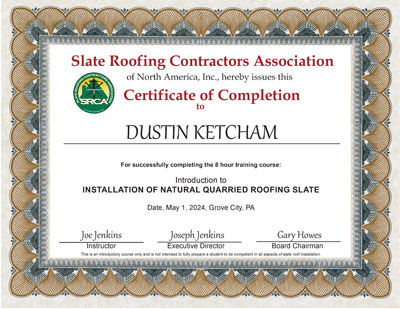 Dustin Ketcham took the Slate Roof Installation Course, May 1, 2024. Dustin Ketcham took the Slate Roof Installation Course, May 1, 2024.