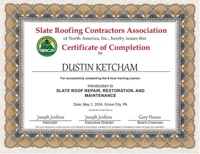 Dustin Ketcham took the Slate Roof Repair Course, May 2, 2024. Dustin Ketcham took the Slate Roof Repair Course, May 2, 2024.