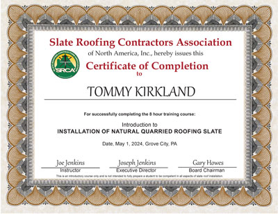 Tommy Kirkland took the Slate Roof Installation Course, May 1, 2024. Tommy Kirkland took the Slate Roof Installation Course, May 1, 2024.