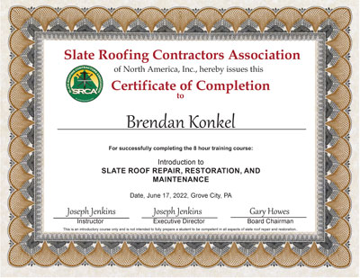 Brendan Konkel Slate Roof Repair Certificate Brendan Konkel Slate Roof Repair Certificate
