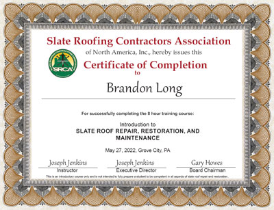 Brandon Long Slate Roof Repair Certificate Brandon Long Slate Roof Repair Certificate