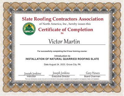 Slate Roof Installation Introductory Course for Wiss Janey employee Victor Martin, August 24, 2023 Slate Roof Installation Introductory Course for Wiss Janey employee Victor Martin, August 24, 2023