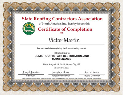 Slate Roof Repair and Restoration Introductory Course for Wiss Janey employee Victor Martin, August 25, 2023 Slate Roof Repair and Restoration Introductory Course for Wiss Janey employee Victor Martin, August 25, 2023