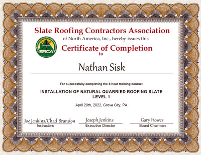 Nathan Sisk Slate Roof Installation Certificate Nathan Sisk Slate Roof Installation Certificate
