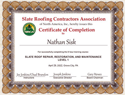 Nathan Sisk Slate Roof Repair Certificate Nathan Sisk Slate Roof Repair Certificate