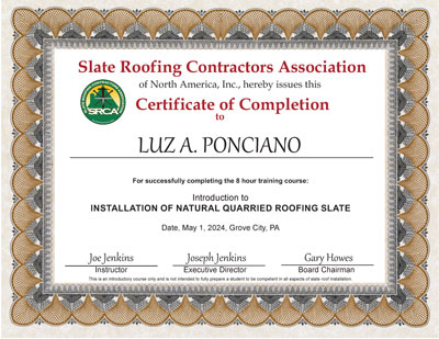 Alex Ponciano took the Slate Roof Installation Course, May 1, 2024. Alex Ponciano took the Slate Roof Installation Course, May 1, 2024.