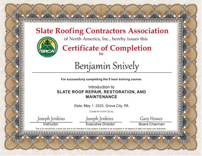 Benjamin Snively Slate Roof Repair Course Graduate May 1, 2023 Benjamin Snively Slate Roof Repair Course Graduate May 1, 2023