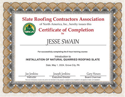 Jesse Swain took the Slate Roof Installation Course, May 1, 2024. Jesse Swain took the Slate Roof Installation Course, May 1, 2024.