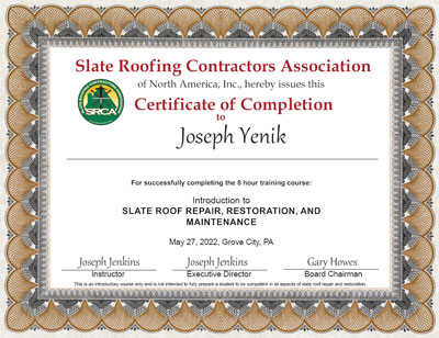 Joseph Yenik Slate Roof Repair Certificate Joseph Yenik Slate Roof Repair Certificate